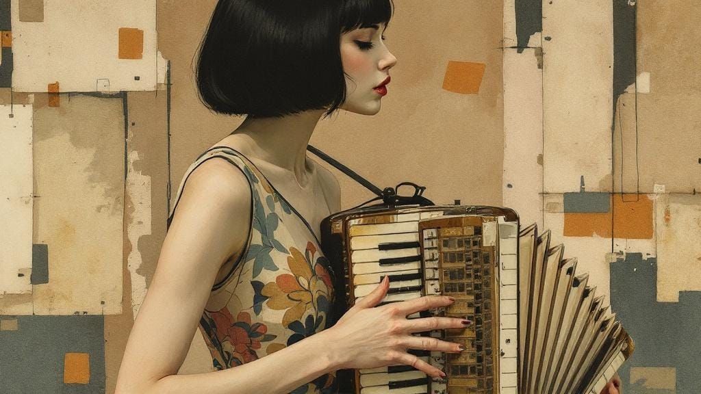 Elegant Portrait of Woman Playing Accordion in Mixed Media