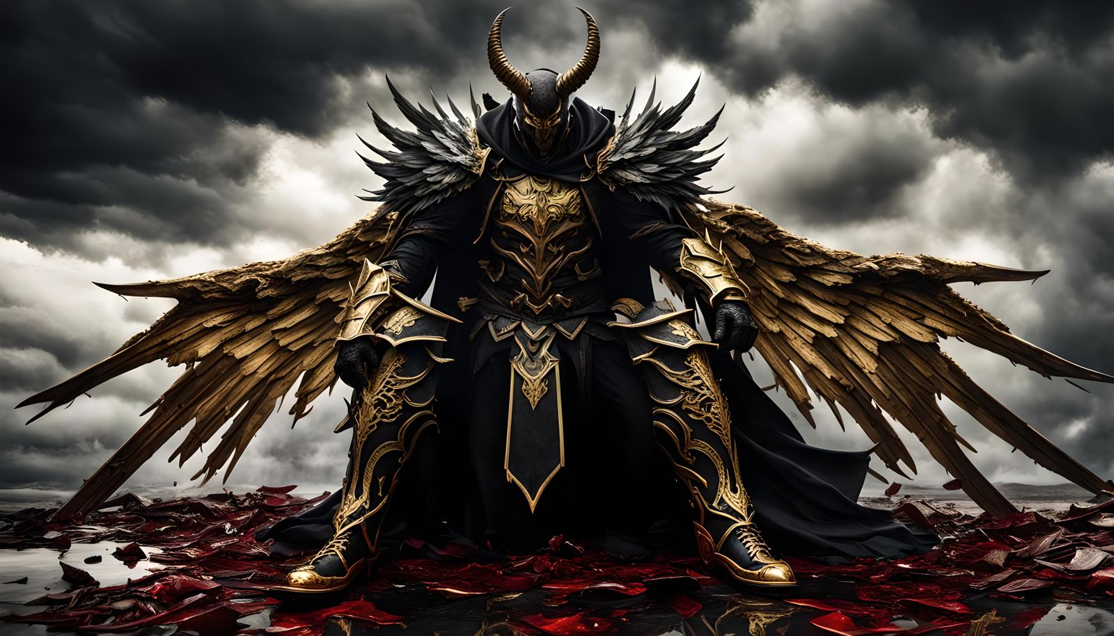 Fallen Demon in White and Gold Armor