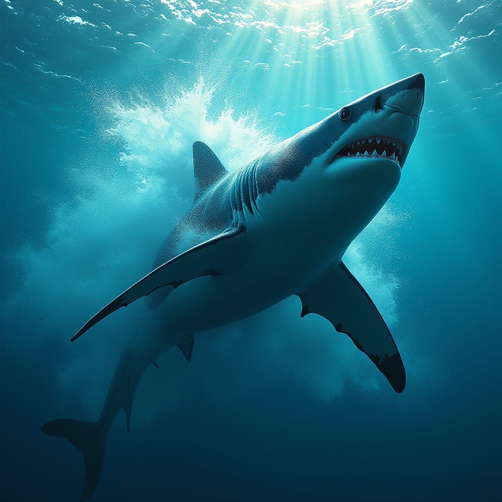 Majestic Great White Shark in Turquoise Abyss