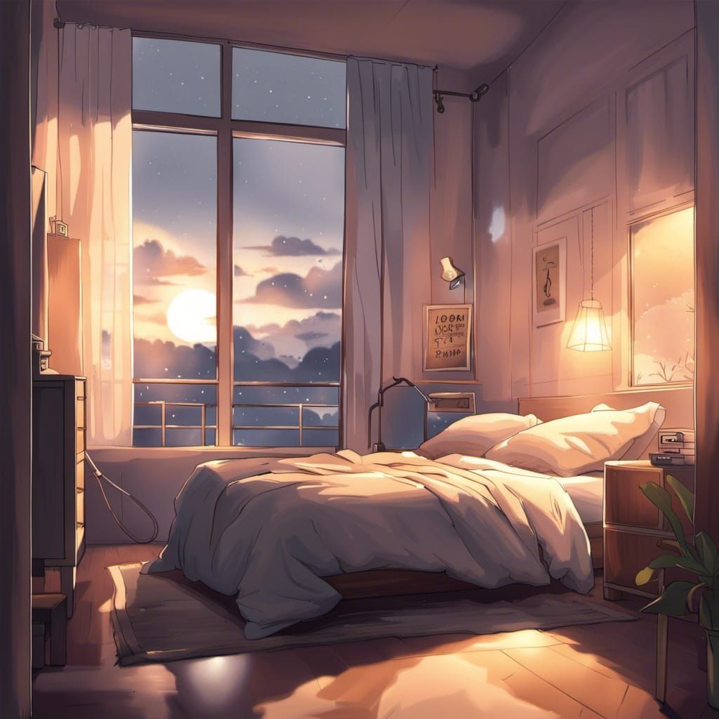 Modern Bedroom in Anime Style with Cool Lighting