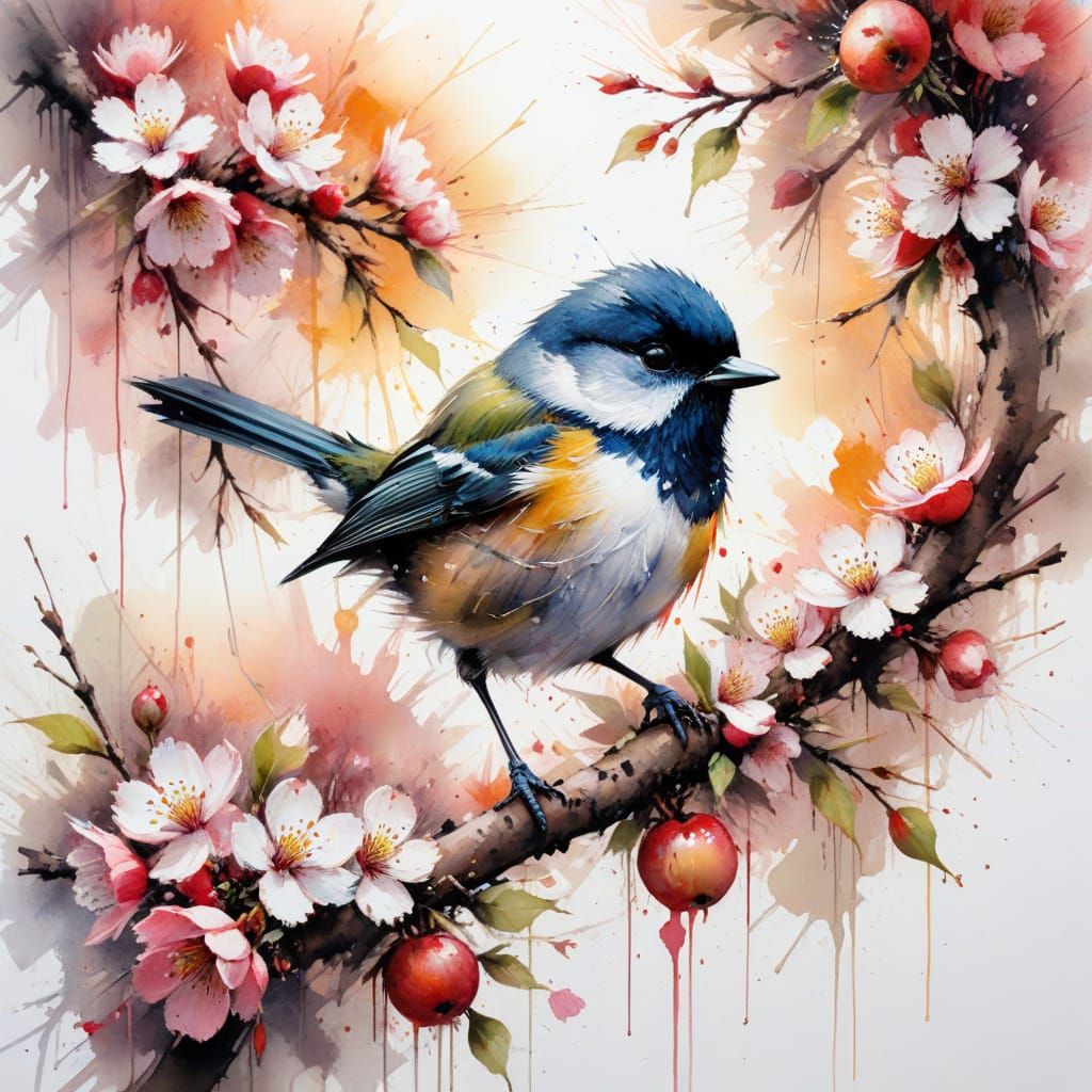 Tomtit in Apple Tree: Expressive Watercolour Painting