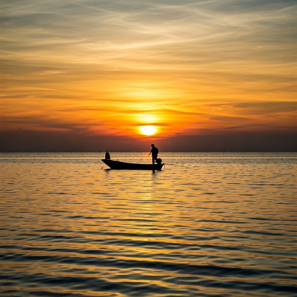 Lone Fisherman in Boat at Dawn