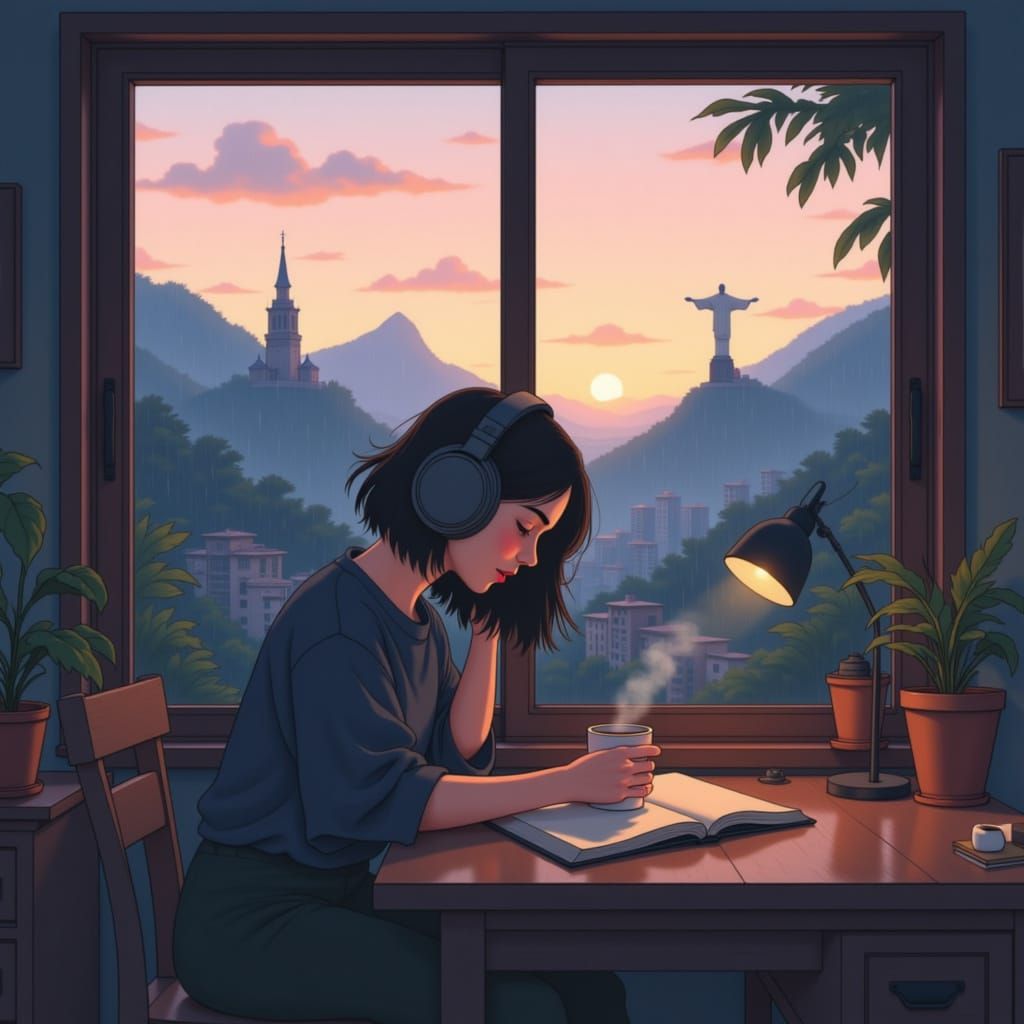 Cozy Lofi Study Scene with Christ the Redeemer