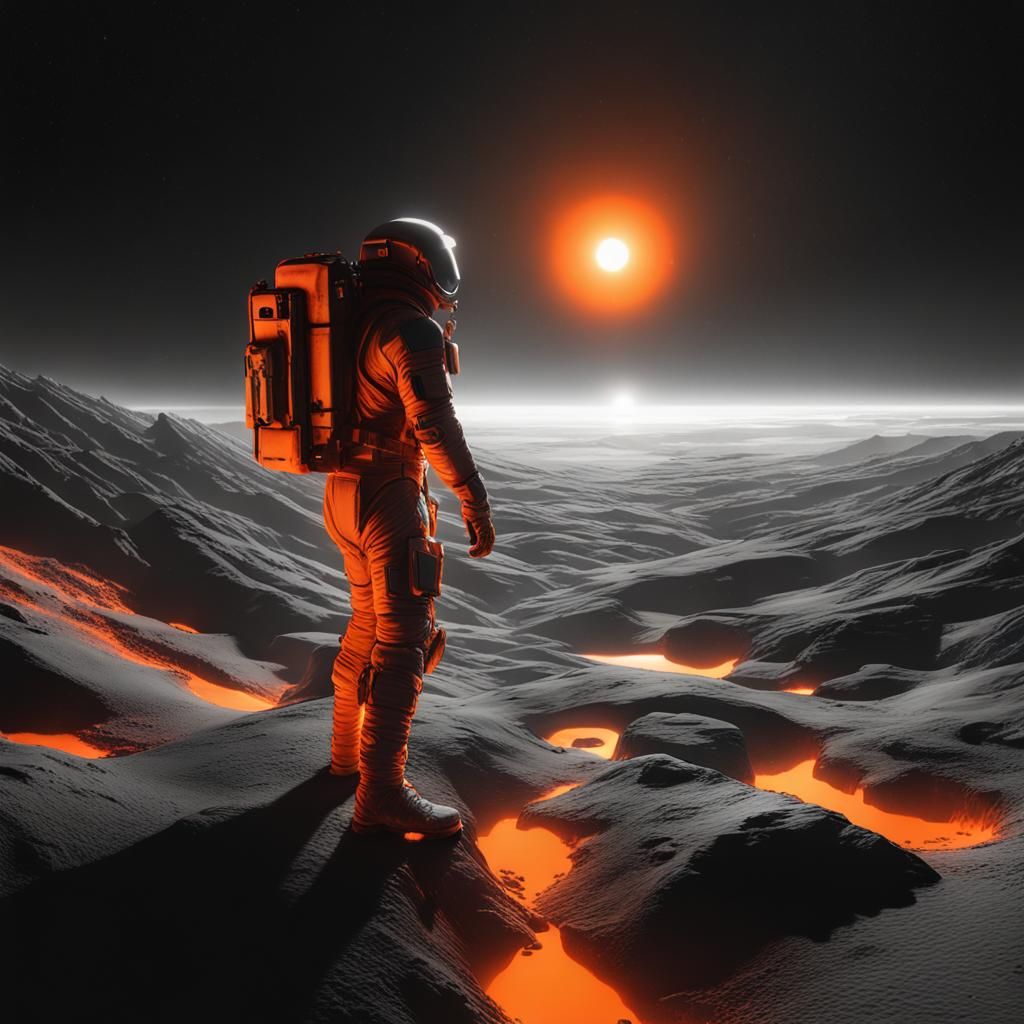 Astronaut in Barren World Bathed in Orange Light