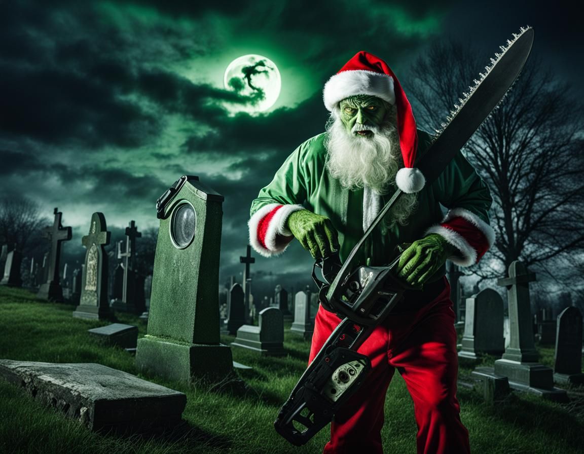Chainsaw-wielding Santa Claus in a graveyard
