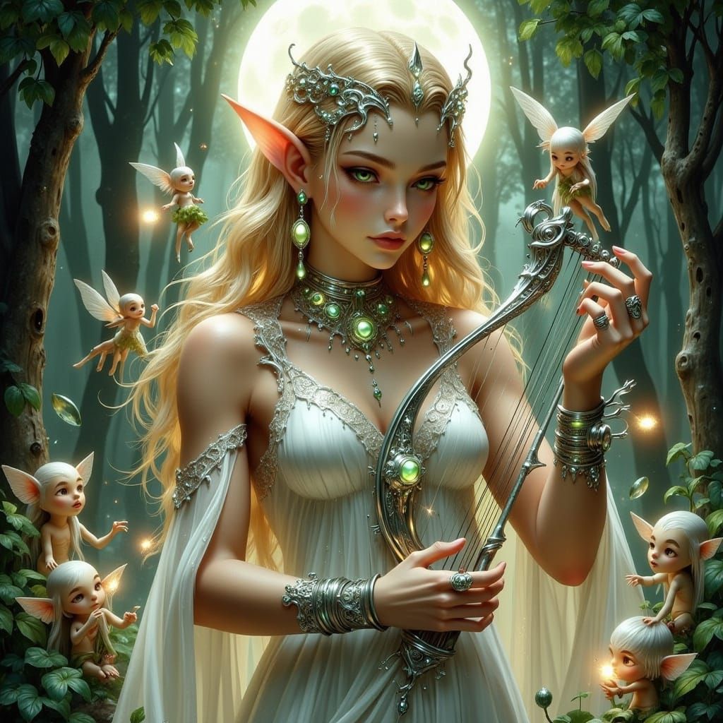Elf Musician Playing Lyre in Enchanted Forest