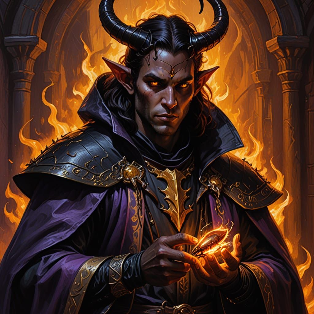 Tiefling Cleric with Cockroach, Gothic Oil Painting