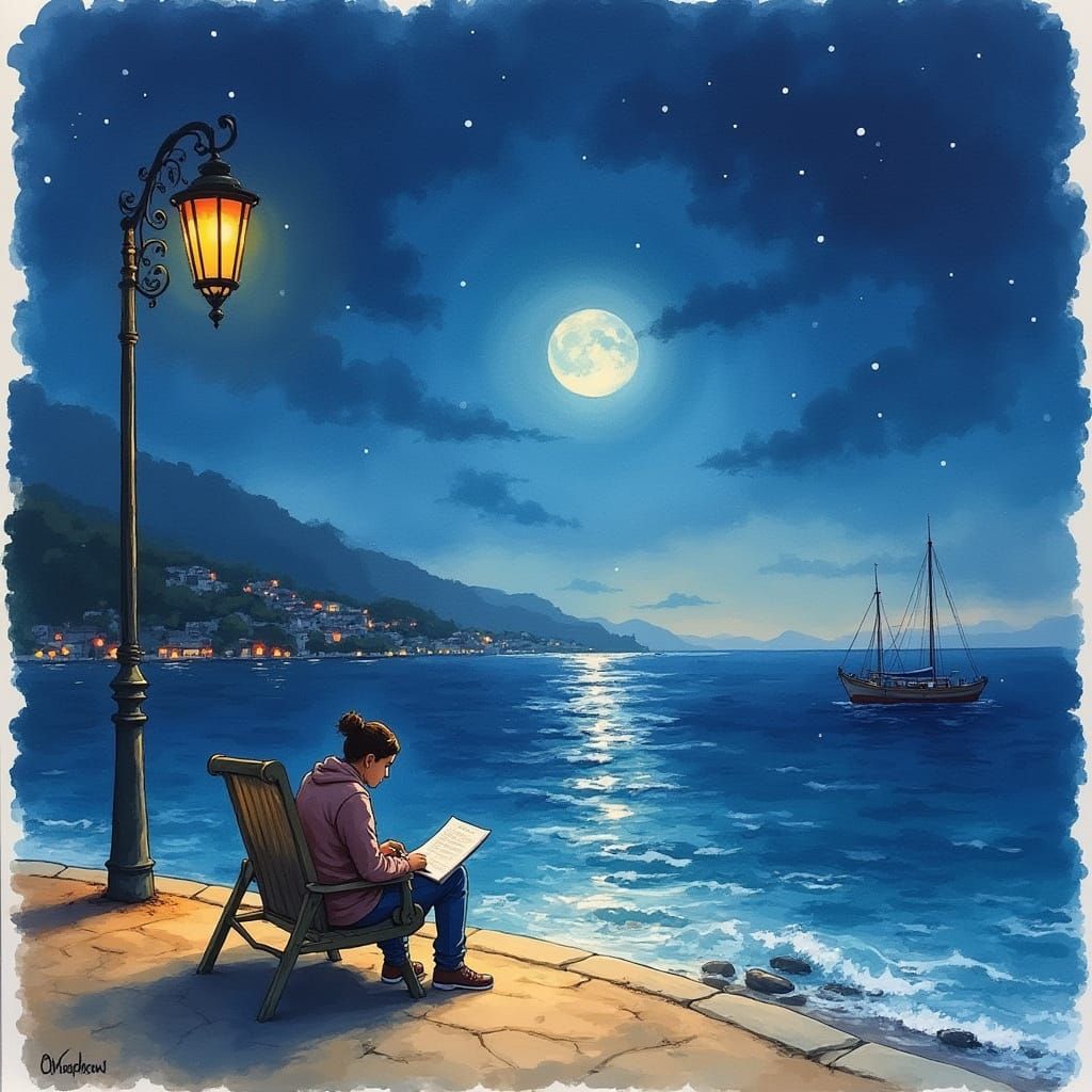Watercolour: Solitary Seaside Writer at Night