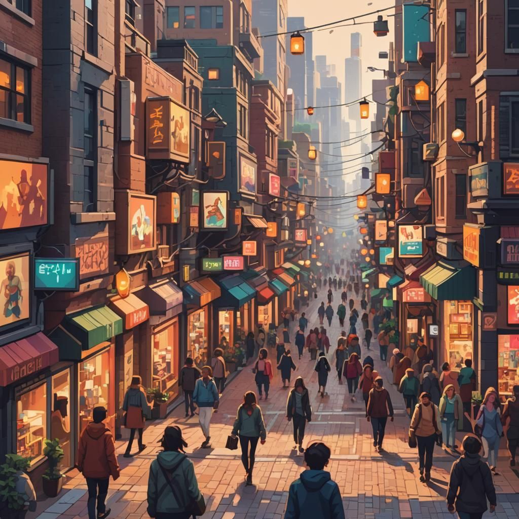 Retro Pixel Art Scene of a Busy Street at Sunset