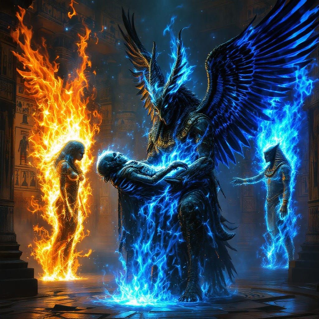 Ancient Egyptian Gods in Blazing Multicolor Flames