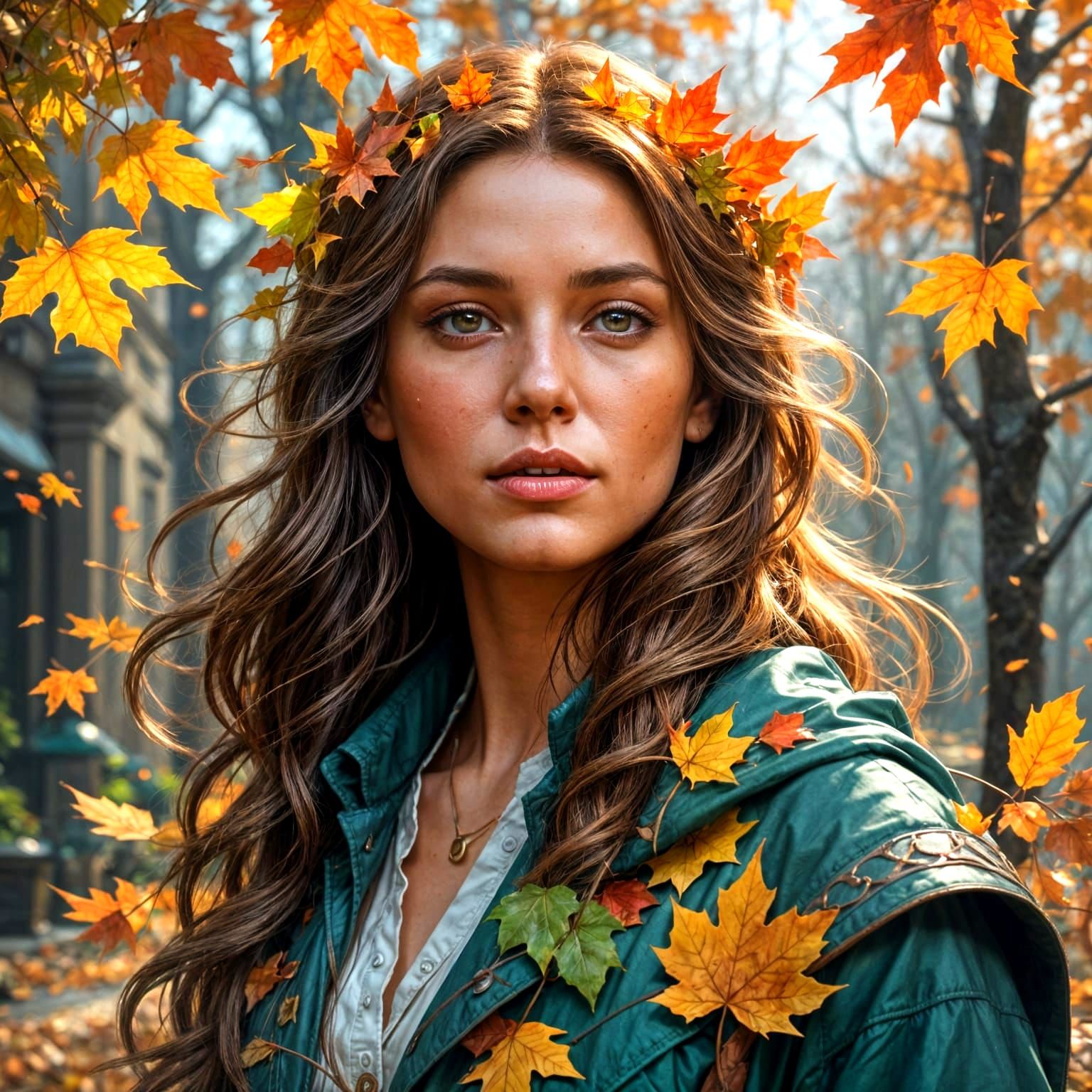 Woman Calls to Wind-Rustled Leaves: Hyperdetailed Portrait