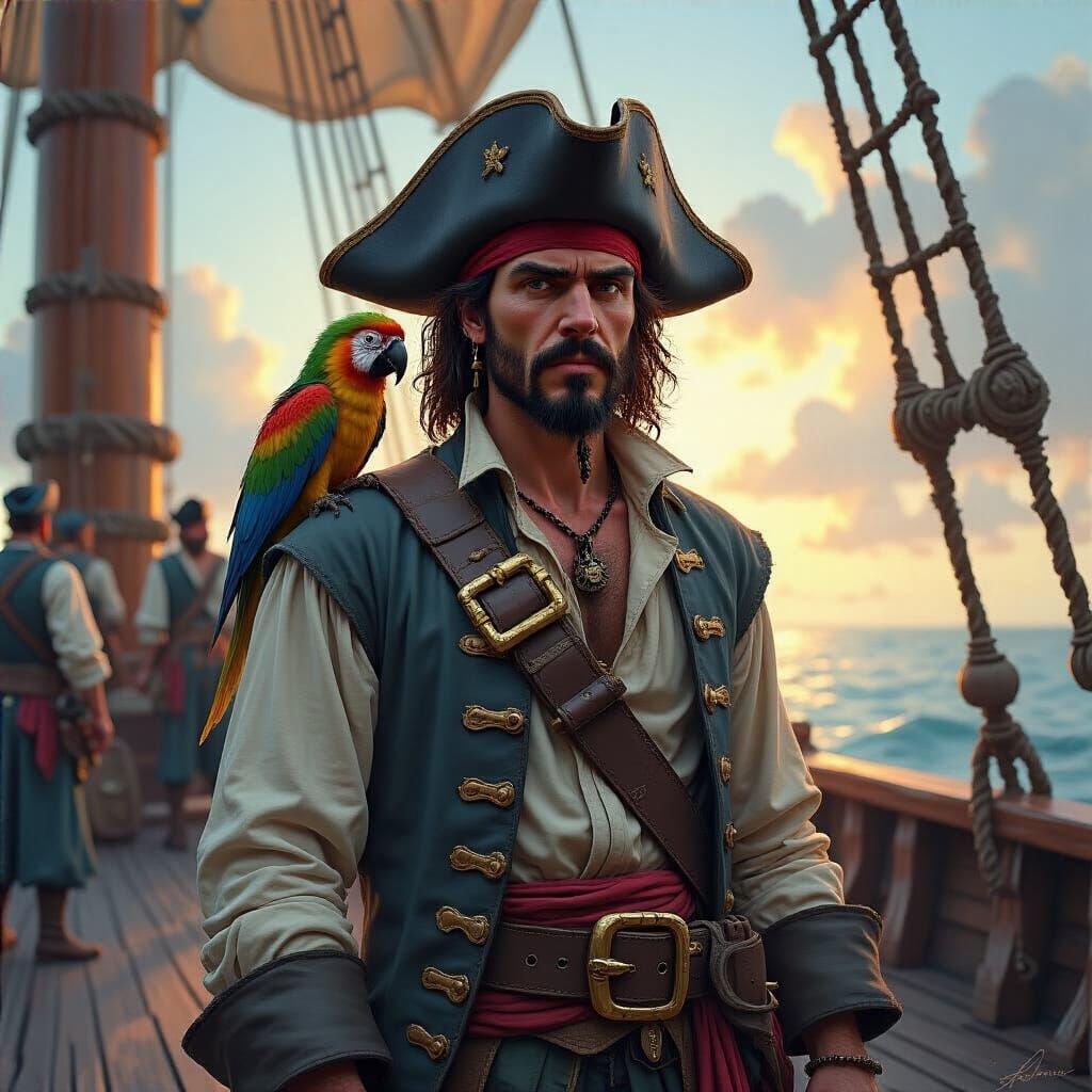 Pirate Captain with Parrot on Ship Deck in Comic Book Style