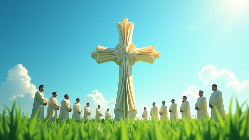 Origami Paper Cross in Lush Field, Watercolor Style