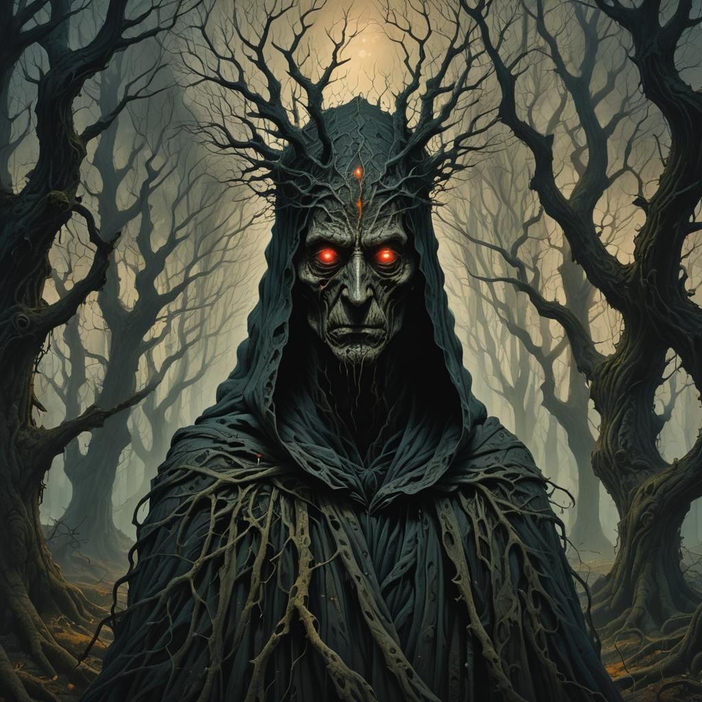 Mysterious Figure in Forest Wearing Robe of Eyes