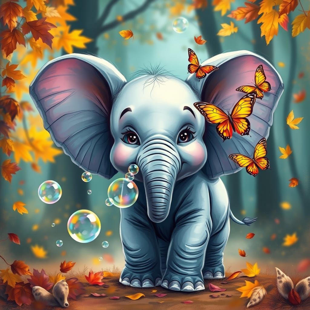 Baby Elephant Blowing Bubbles in Autumn Forest