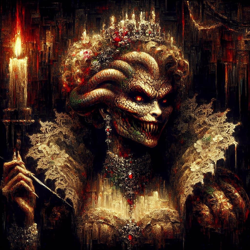 Imposing Serpent Queen in Baroque Film Noir Style