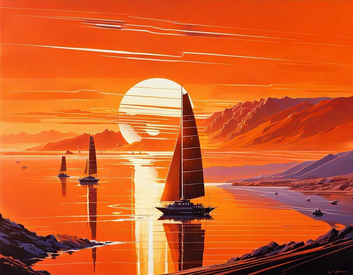 Orange Sunset Landscape with Futuristic Vessels