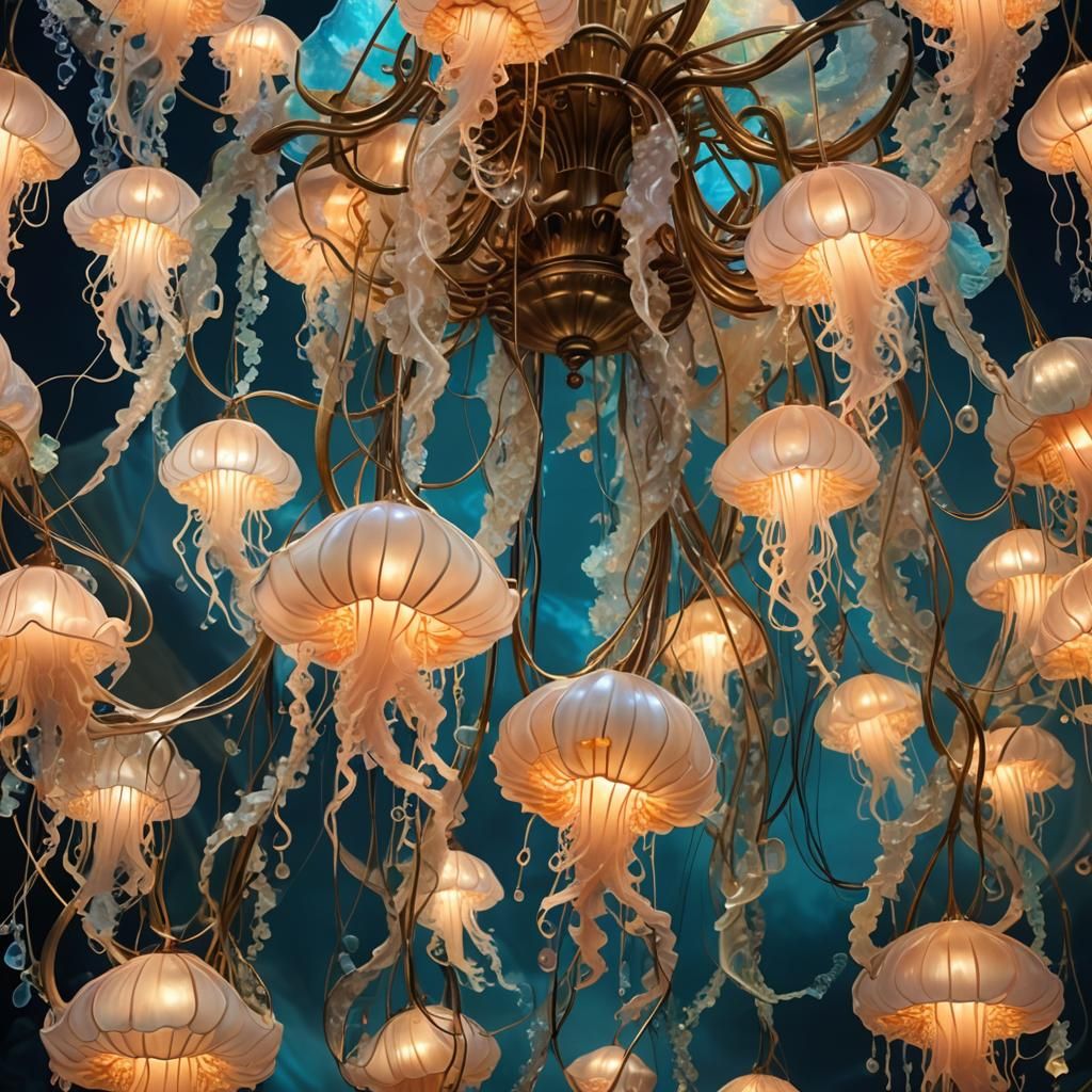 Bioluminescent Jellyfish Chandelier in Art Nouveau Style