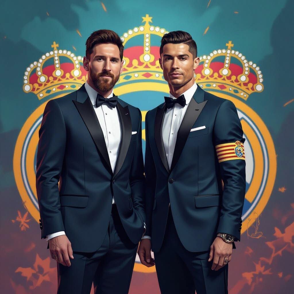 Messi and Ronaldo in Real Madrid Portrait, Digital Art