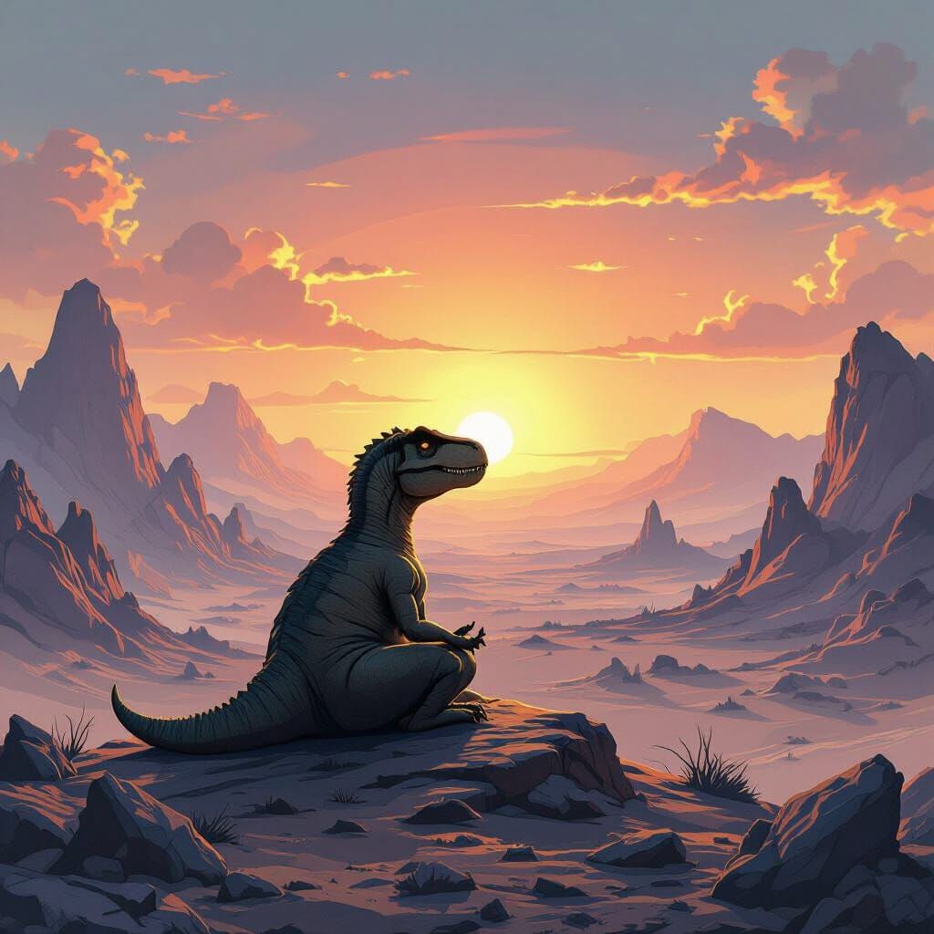 T-Rex Meditating on Alien Mountaintop at Binary Sunset