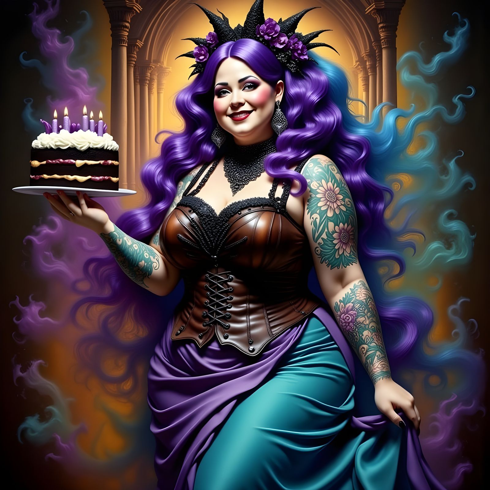 Goth Woman with Bioluminescent Tattoos and Cake