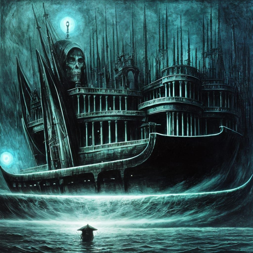Surreal Ghost Ship at Night in Dark Style