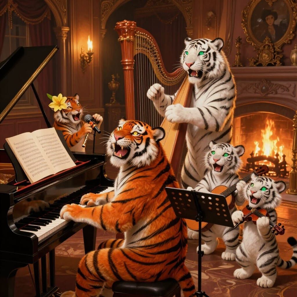 Tigers Making Music in Fantasy Style