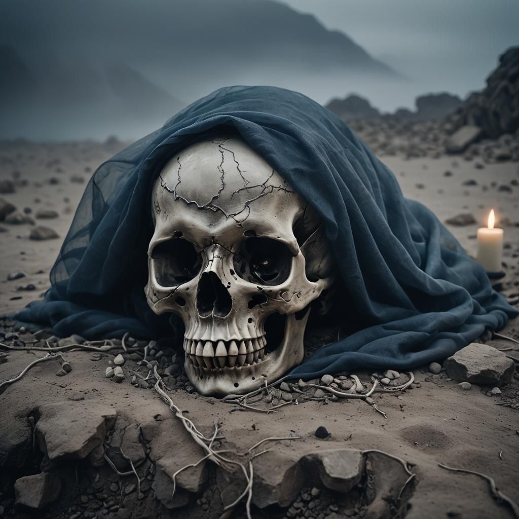 Surreal Skull in Misty Veil: A Dreamlike Oil Painting