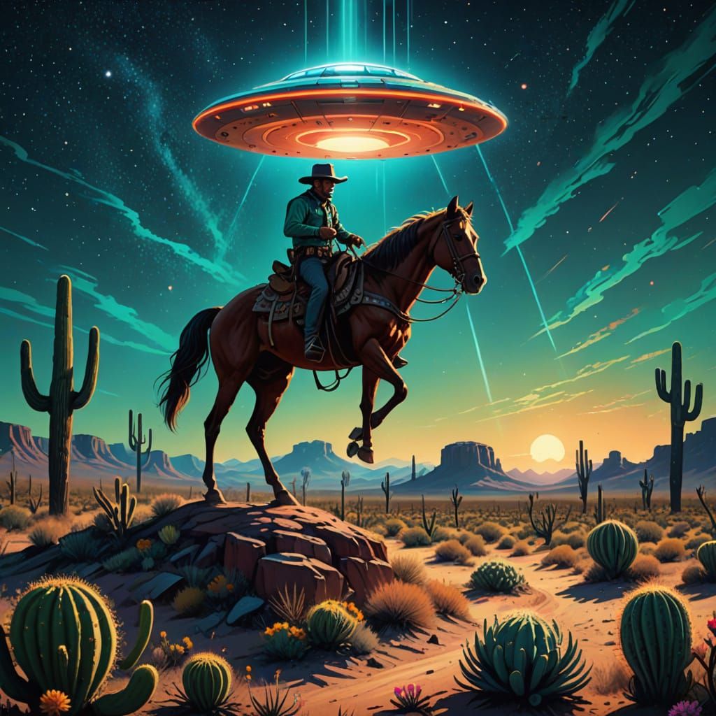 Cowboy Under UFO Beams in Surreal Desert