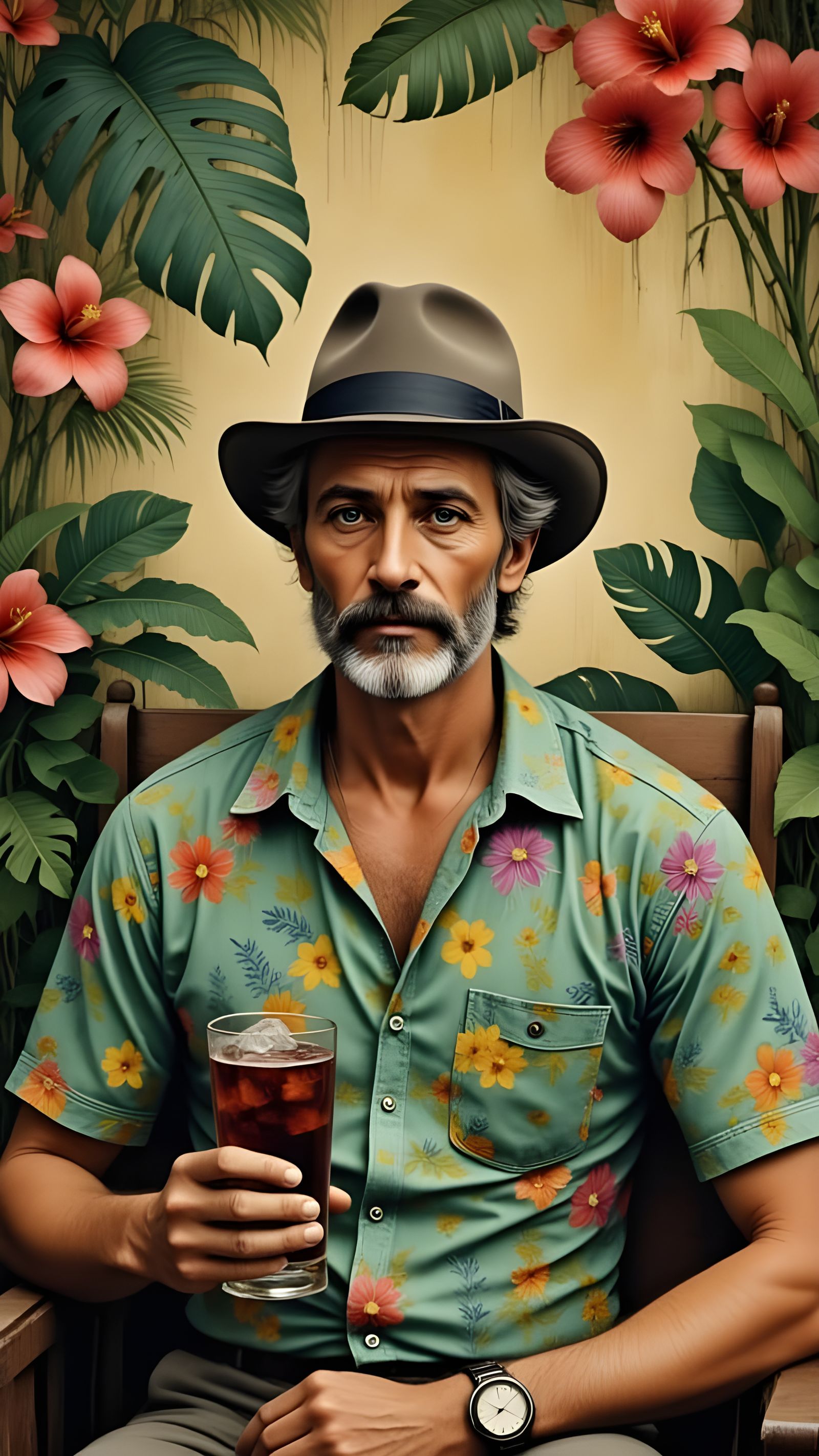 Vintage Hawaiian Gentleman Sits in Bali Tiki Bar