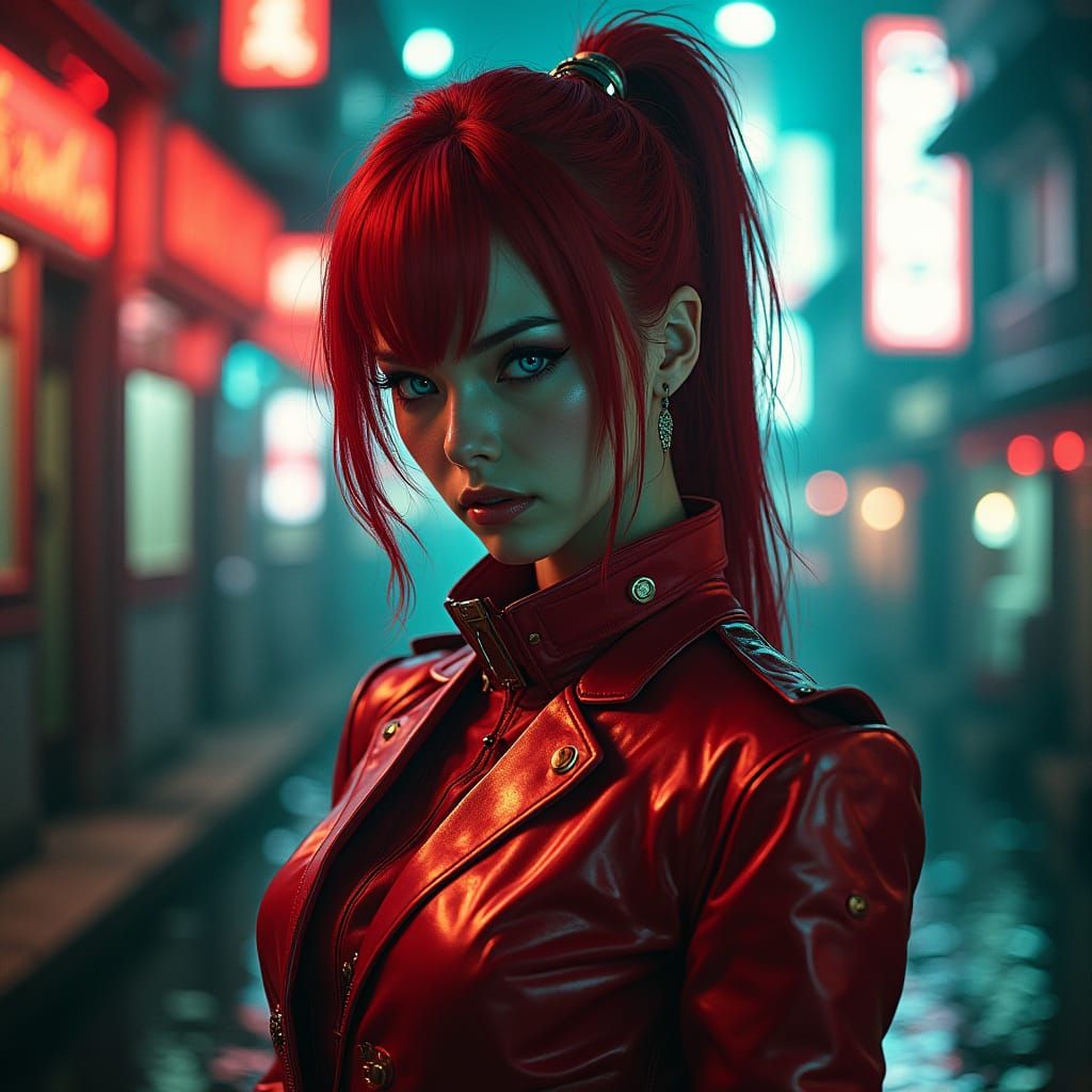Fierce Cyberpunk Samurai Woman in Neon City