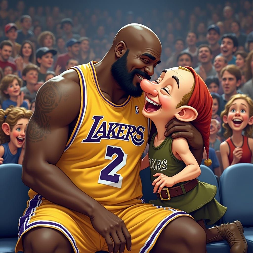 Shaq and a Dwarf Share a Heartfelt Kiss at a Basketball Game