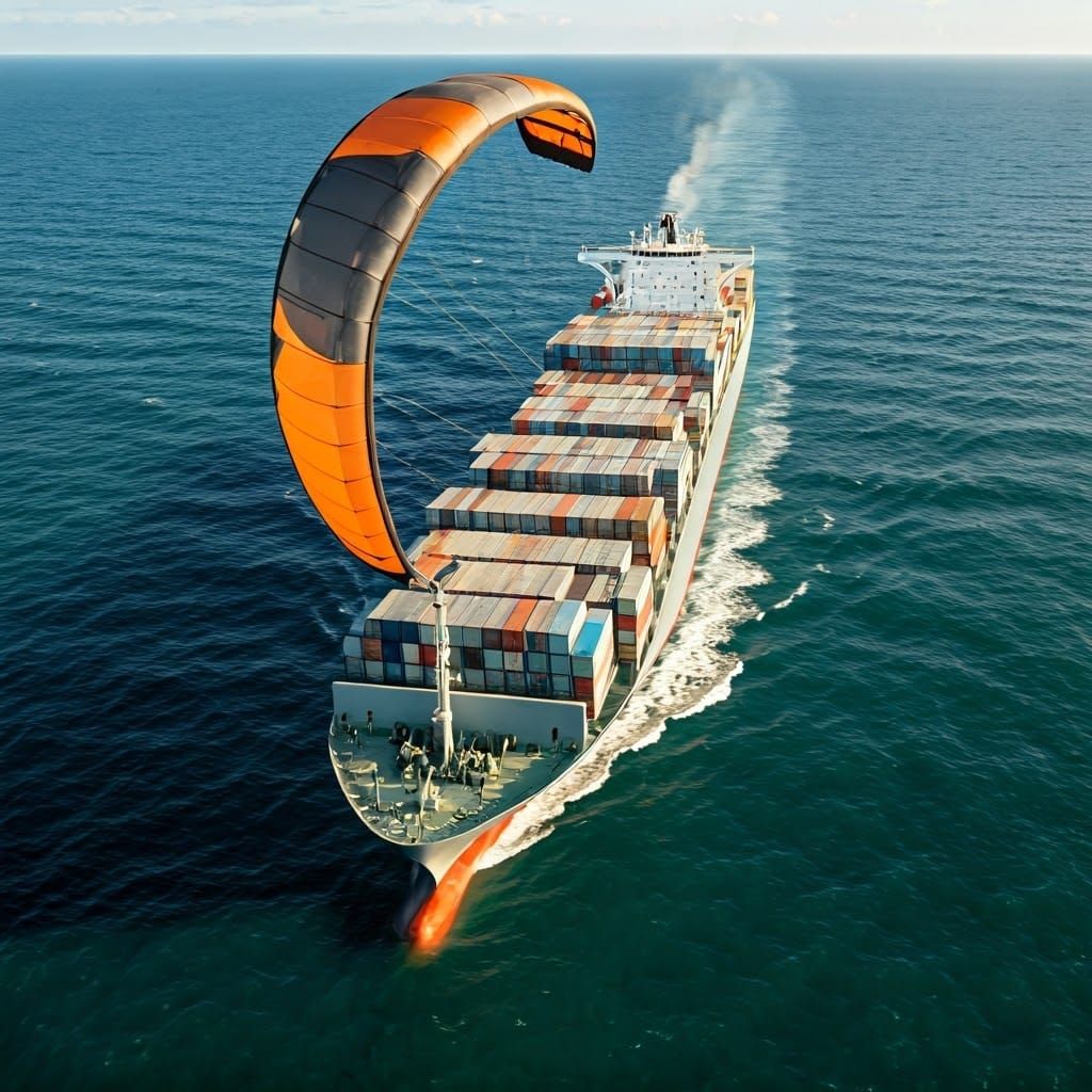 Container Ship with Kite-Sail in Futuristic Style