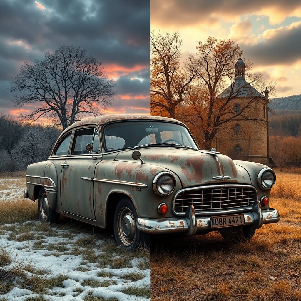 Rusty European Car in Vibrant Seasonal Landscapes