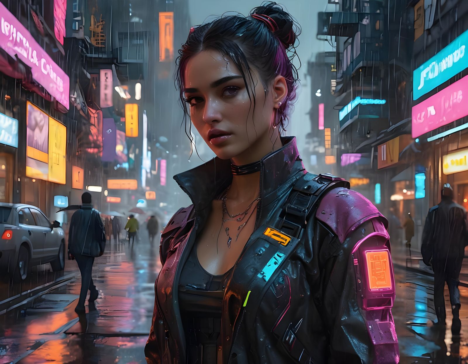 Dreamy Cyberpunk Girl in Rainy Neon Setting