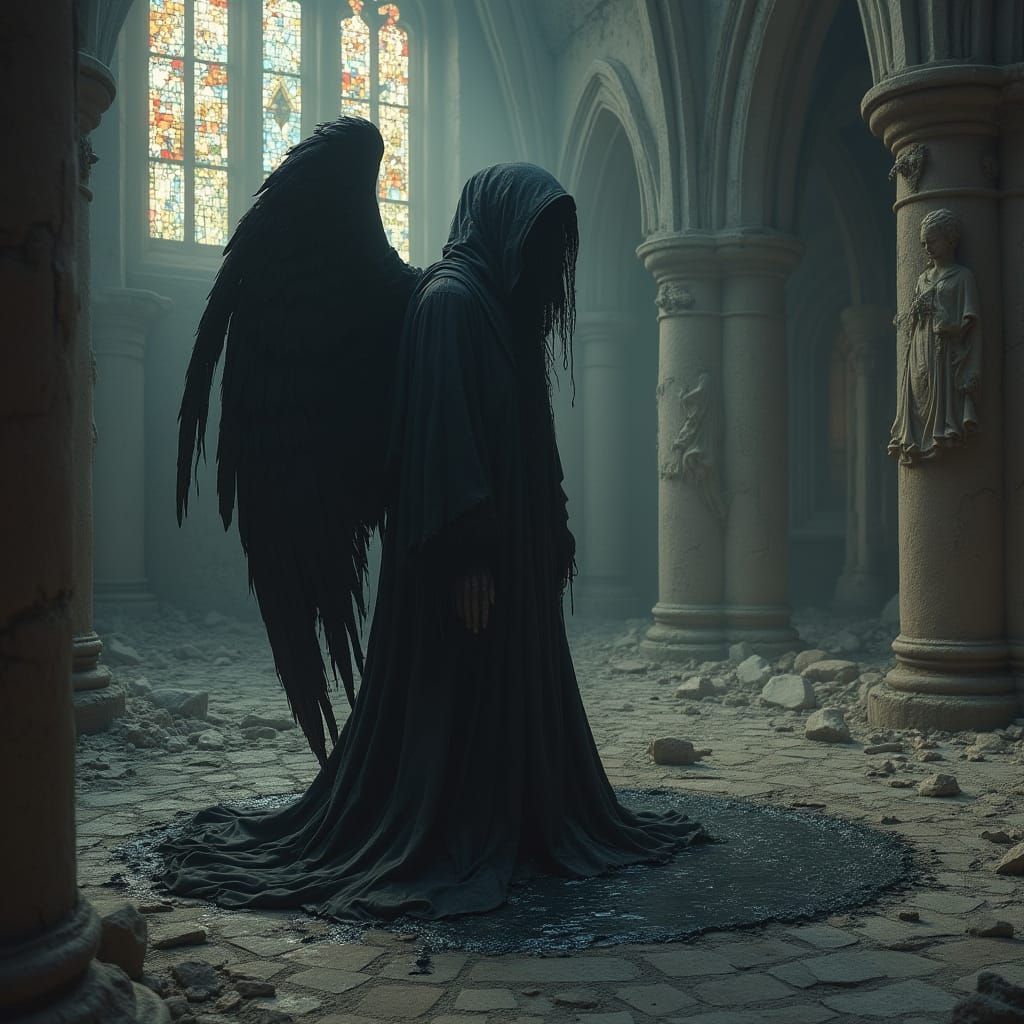 Corrupted Angel Weeping in Ruined Cathedral