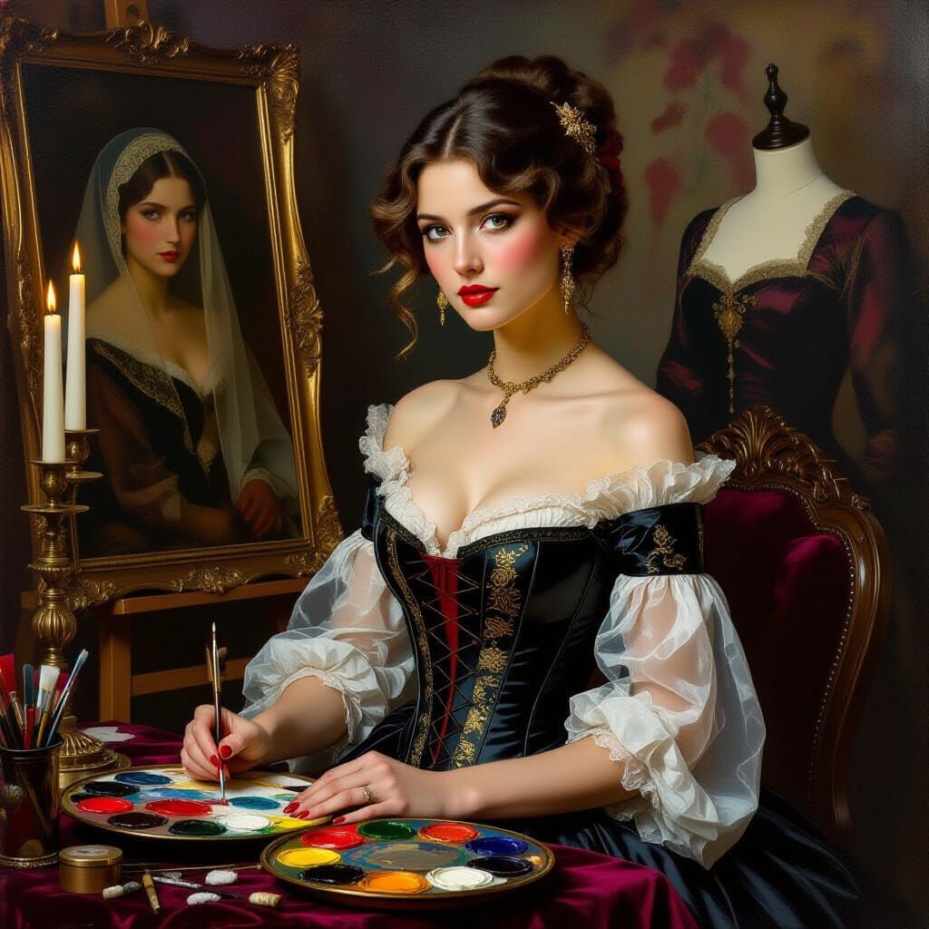 Noble Artist Painting a Portrait in Art Nouveau Style