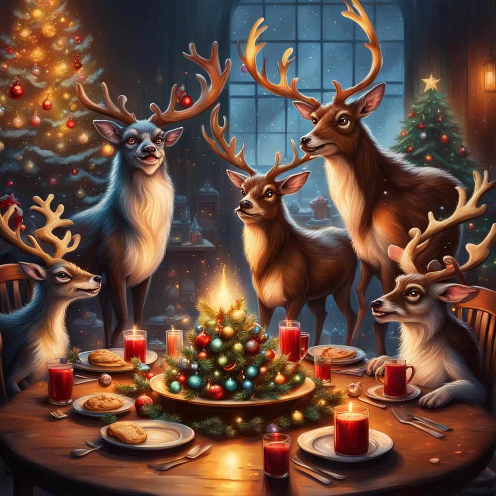 Gremlins and Reindeer Celebrate Christmas: Hyperrealistic Di...