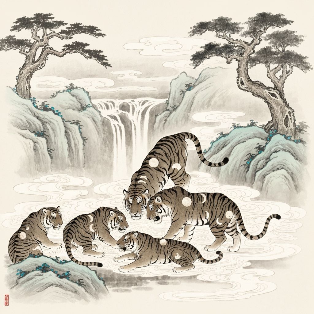 Tigers Feasting in Mystical Landscape, Chinese Watercolor St...
