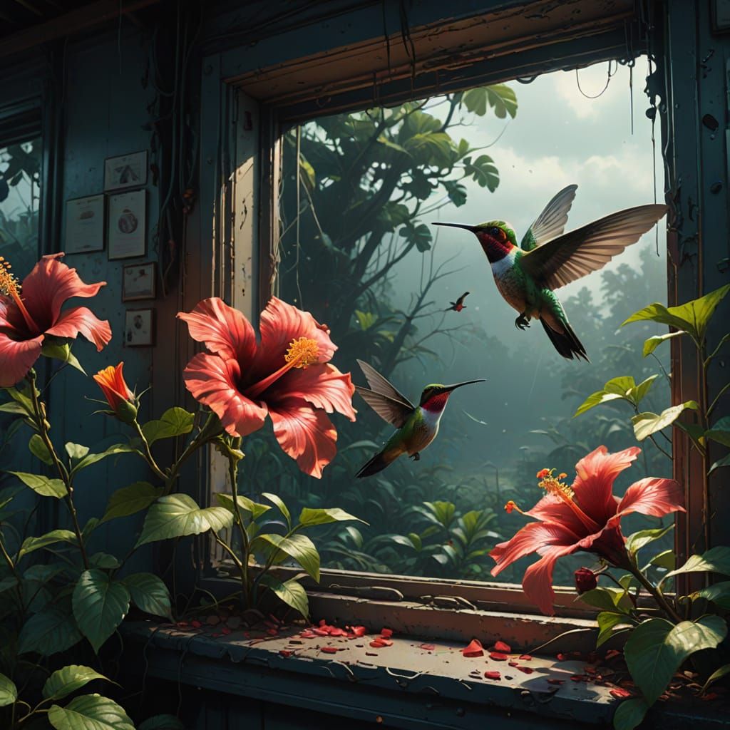 Vibrant Window Scene with Hummingbirds and Hibiscus in Tropi...