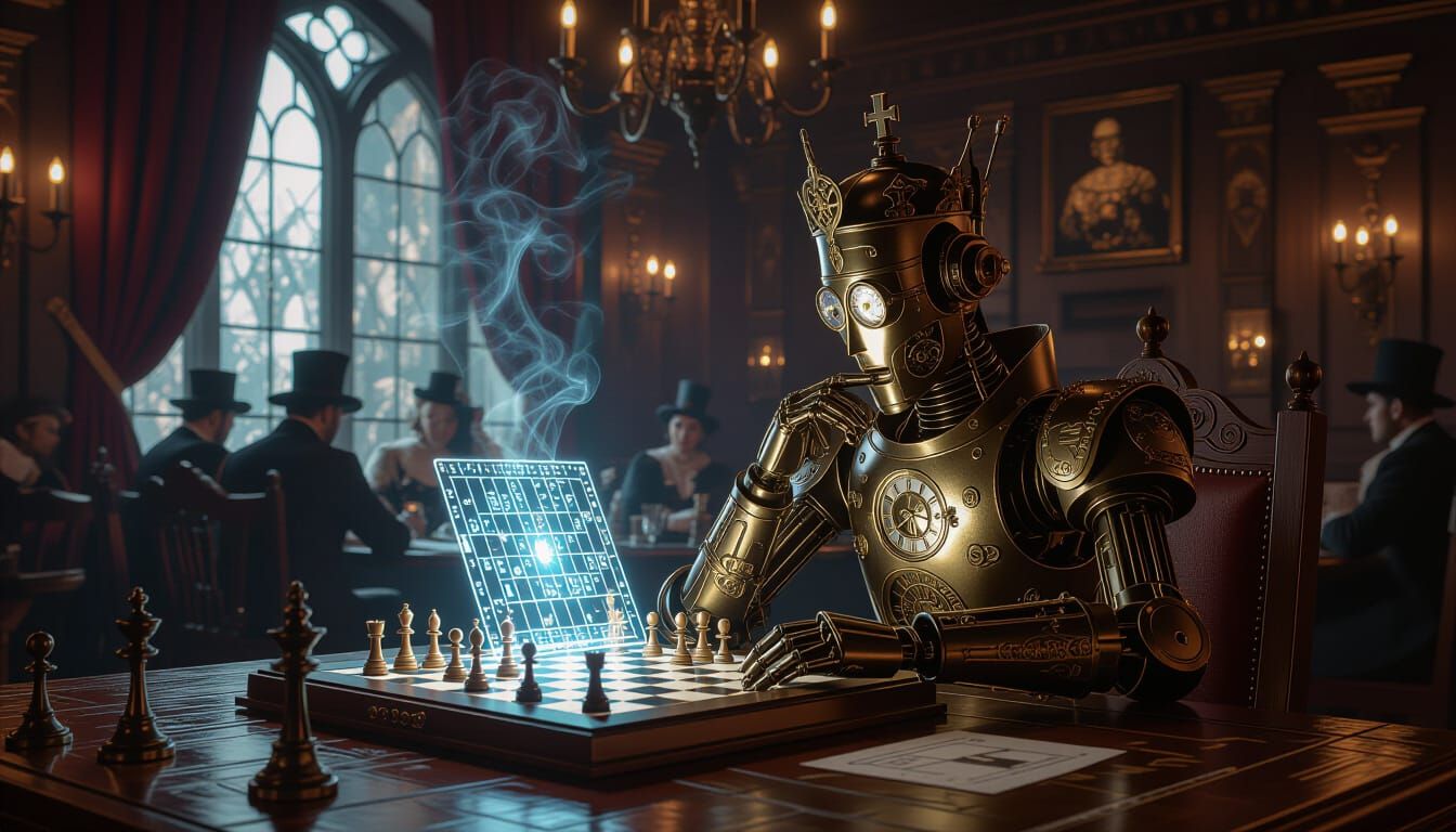 Clockwork Chess Master in Opulent Tavern, Baroque Gothic Sty...