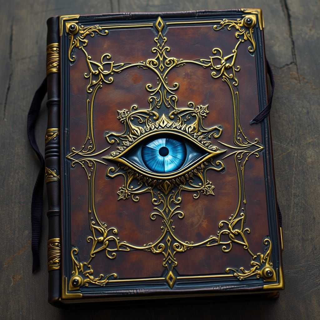 Ancient Leather-Bound Tome with Golden Filigree and Iridesce...