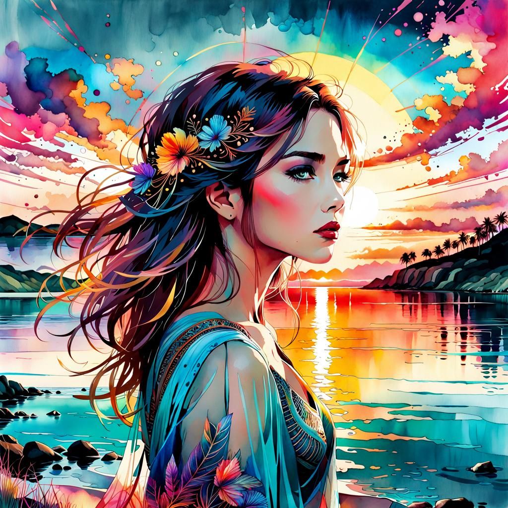 Summerscape Sunset Portrait in Digital Watercolor