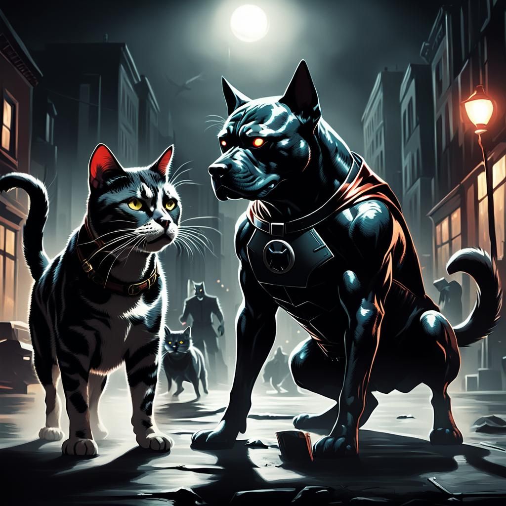 Dog Superhero Versus Cat Villains in Comic Noir
