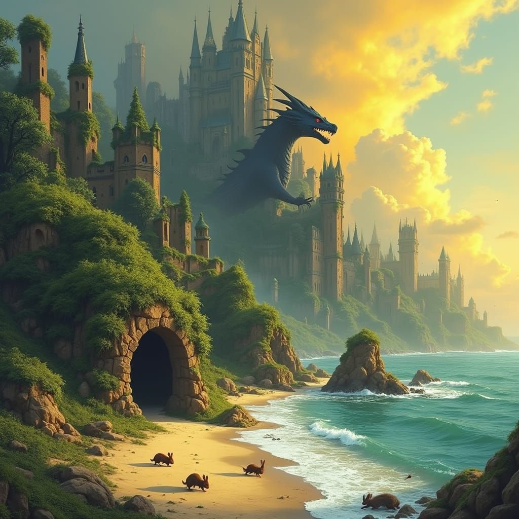 Ancient Kingdom Reborn in Ruin, Shadowed by a Majestic Black...