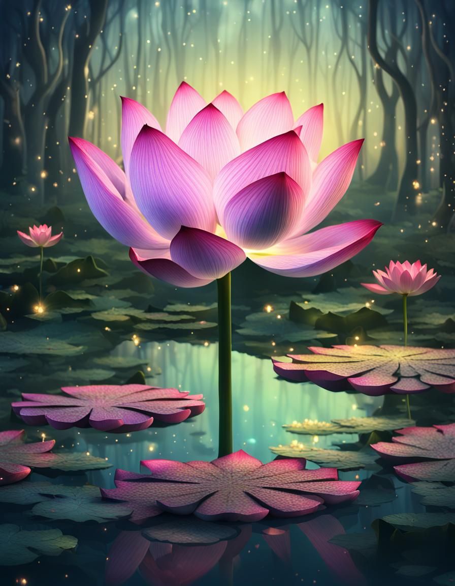 Enchanted Lotus Flower in Forest: 3D Render
