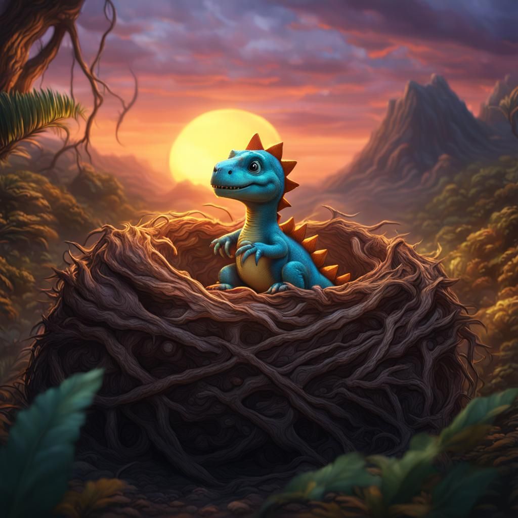 Cute Dinosaur Baby in Nest at Sunset