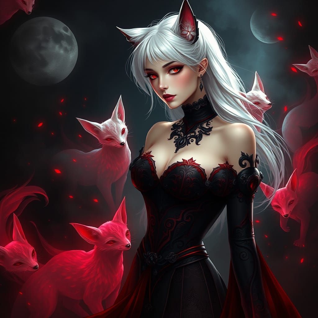 Mystical White-Haired Cat Woman in Ethereal Fantasy Art