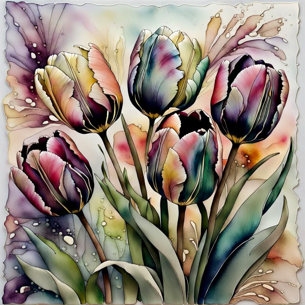 Garden Tulips in Spray Starch and Alcohol Ink