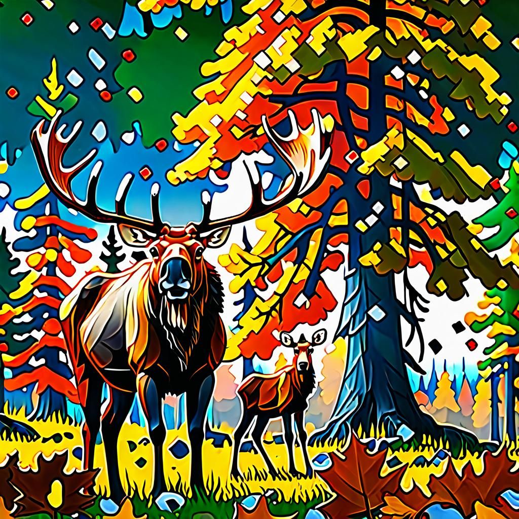 Moose in Autumn Forest, Detailed Matte Painting